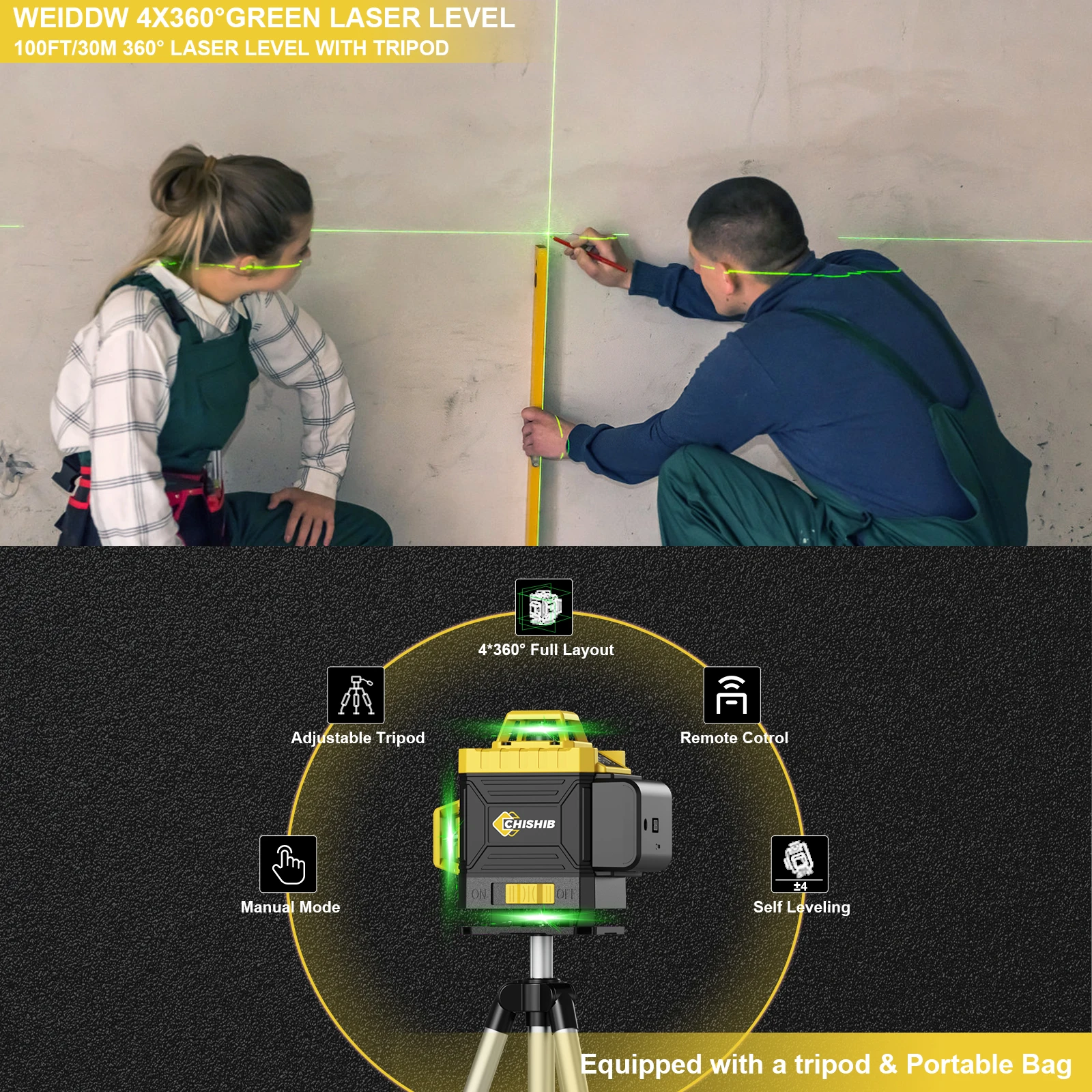 4D 16 Lines Professional Laser level Optional accessories Tripod 360&deg;Self-leveling Laser Levels Green Beam Nivel CHISHIB laser level