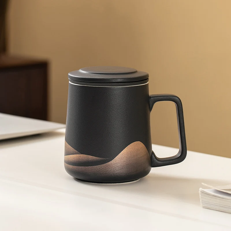 Creative Ceramic Gradient Color Tea Cup, with Cover, Chinese Style Office Supplies, Handle, Tea Water Filter Separation Mug, 1Pc