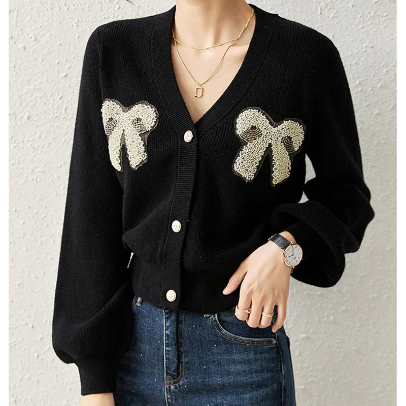 

Women's Round Neck Cardigan with Beaded Bows, Pink Tops, Autumn and Winter Sweater, 2024