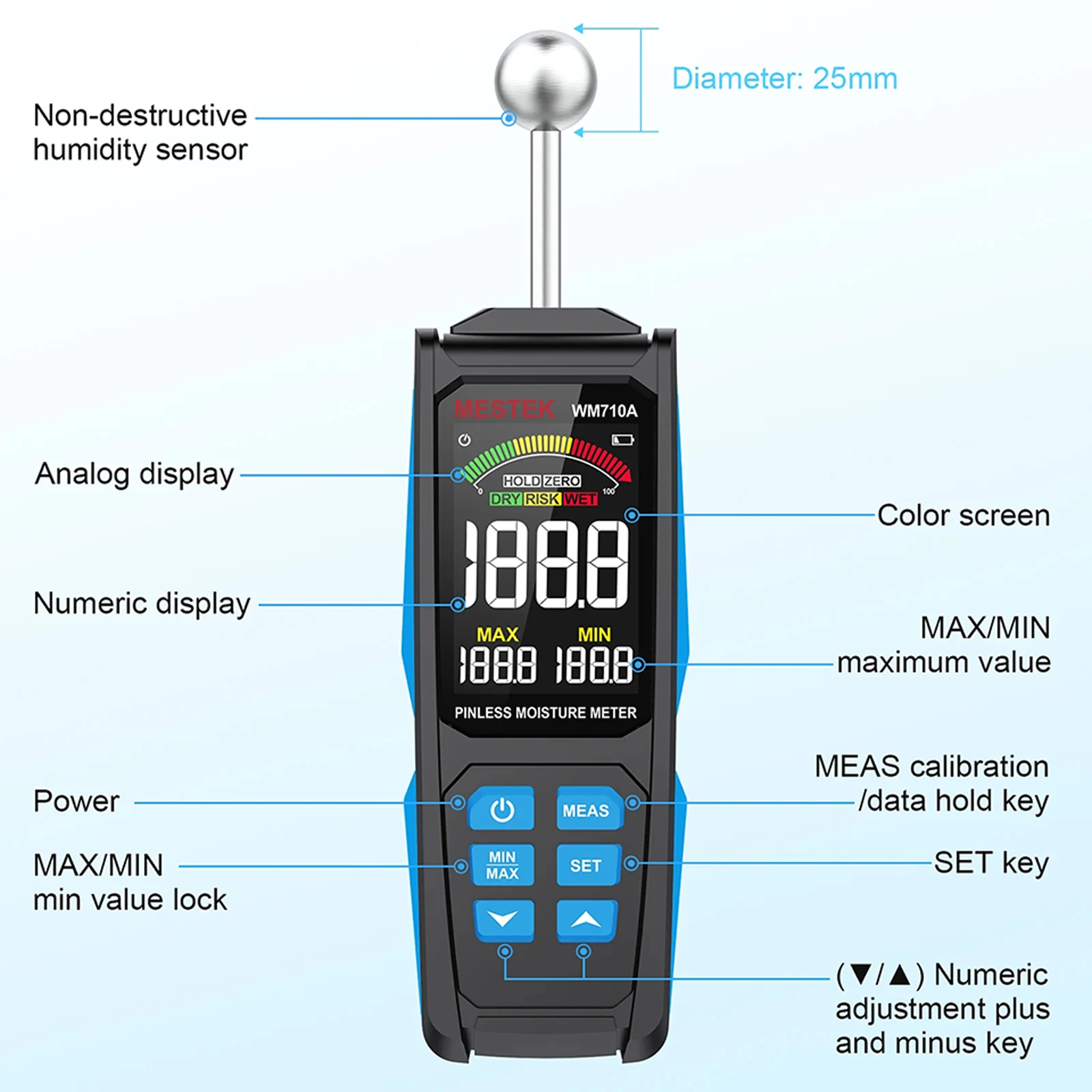 WM710A Digital Wood Moisture Meter Hygrometer Non-contact Timber Damp Detector Alarm Non-destructive Measurement Humidity Tester wood moisture meter