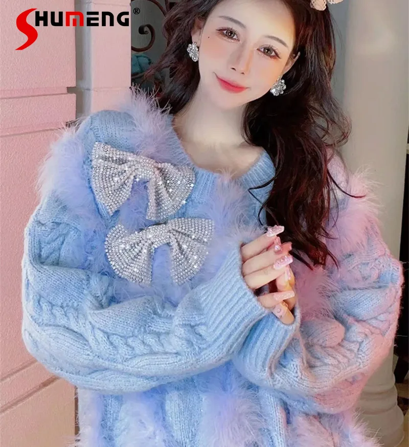 

Fashion Rhinestone Bow Thickened Sweaters Women's Winter New Knitwears All-Matching Solid Color High Street Knitted Tops
