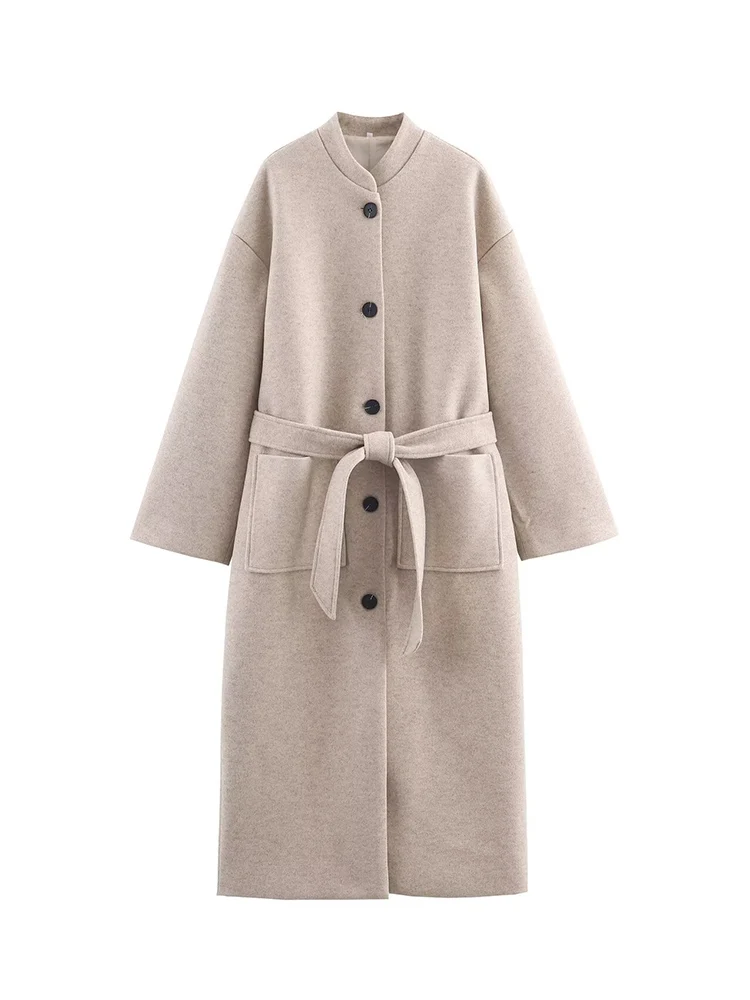 New Women Woolen Coat With Belted Fashion Large Pocket Single Breasted Loose Long Coat Winter Thickened Casual Outerwear