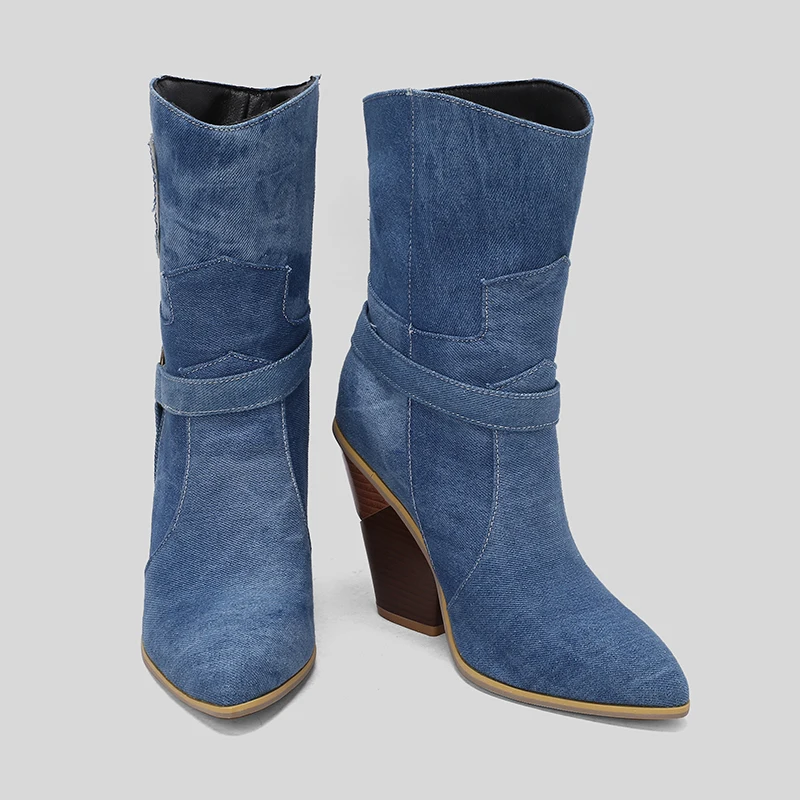 Kcenid Autumn Winter New Ladies Pointed Toe Cowboy Boots Fashion Denim Chunky High Heels women's Boots Party Sexy Woman Shoes