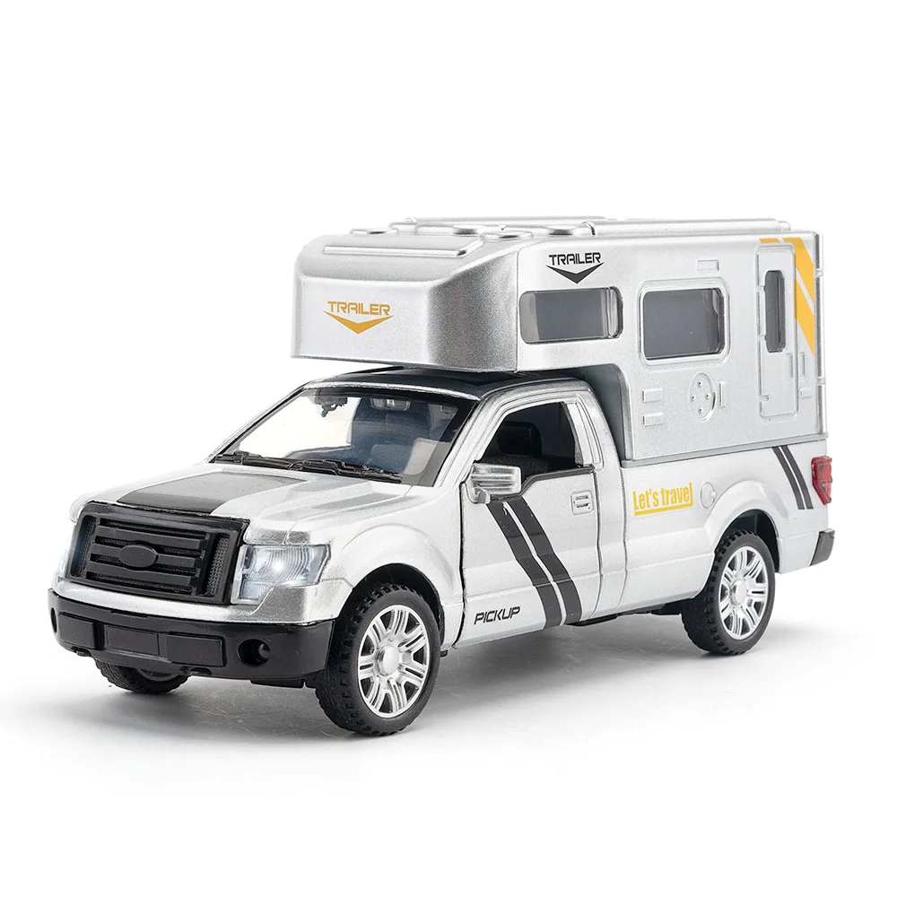 1:32 Scale F150 Raptor Travel Pickup Truck Vehicle Metal Diecast Car Touring RV Pull Back Alloy Toy With Light And Sound