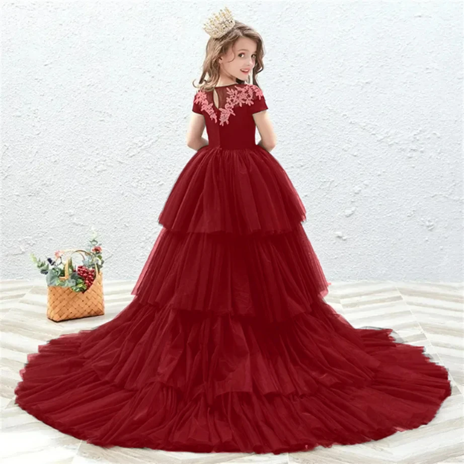 

Burgundy Flower Girl Dress Exquisite A-LINE O-Neck Tiered Kids Princess Girls Wedding Birthday First Communion Party Dress