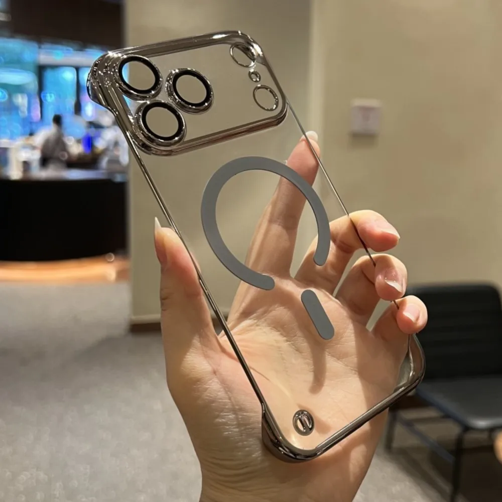 Frameless Luxury Plating Clear Magnetic Shockproof Phone Case with Wireless Charging