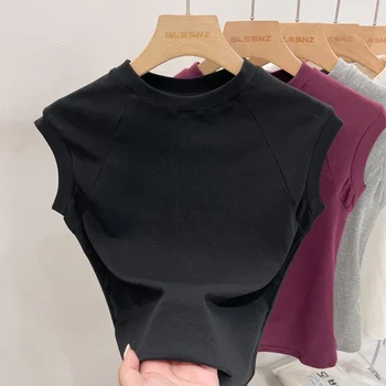 AOSSVIAO 2025 المرأة بلون محبوك تي شيرت قمة الموضة ليتل تحلق كم تي شيرت مثير بلايز الصيف بلا أكمام تيز 2
