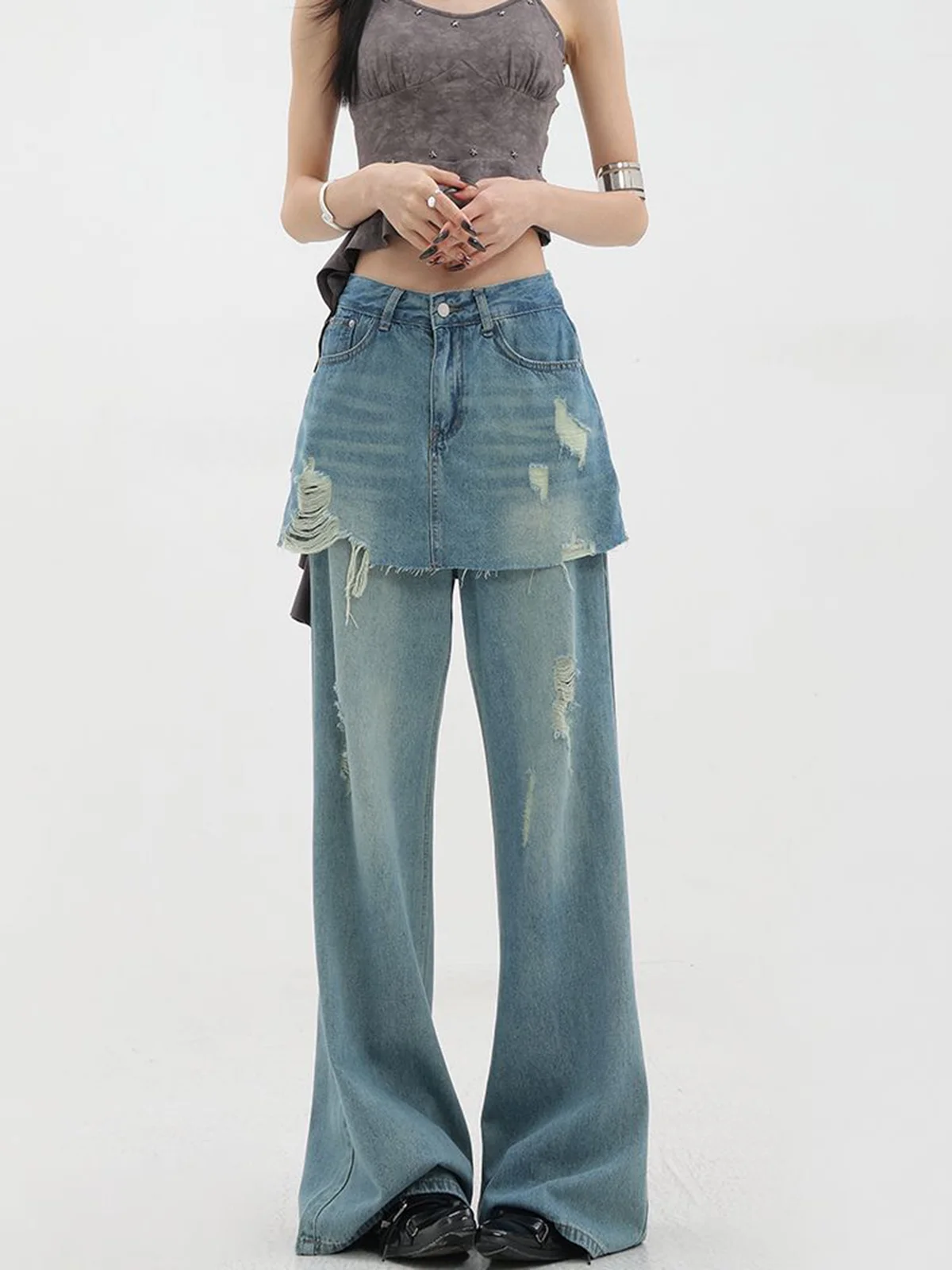 

Джинсы с имитацией двух частей, Широкие джинсовые брюки с заниженной талией и широкими штанинами в стиле пэчворк, Женские винтажные мешковатые джинсы с необработанной талией в Корейском стиле