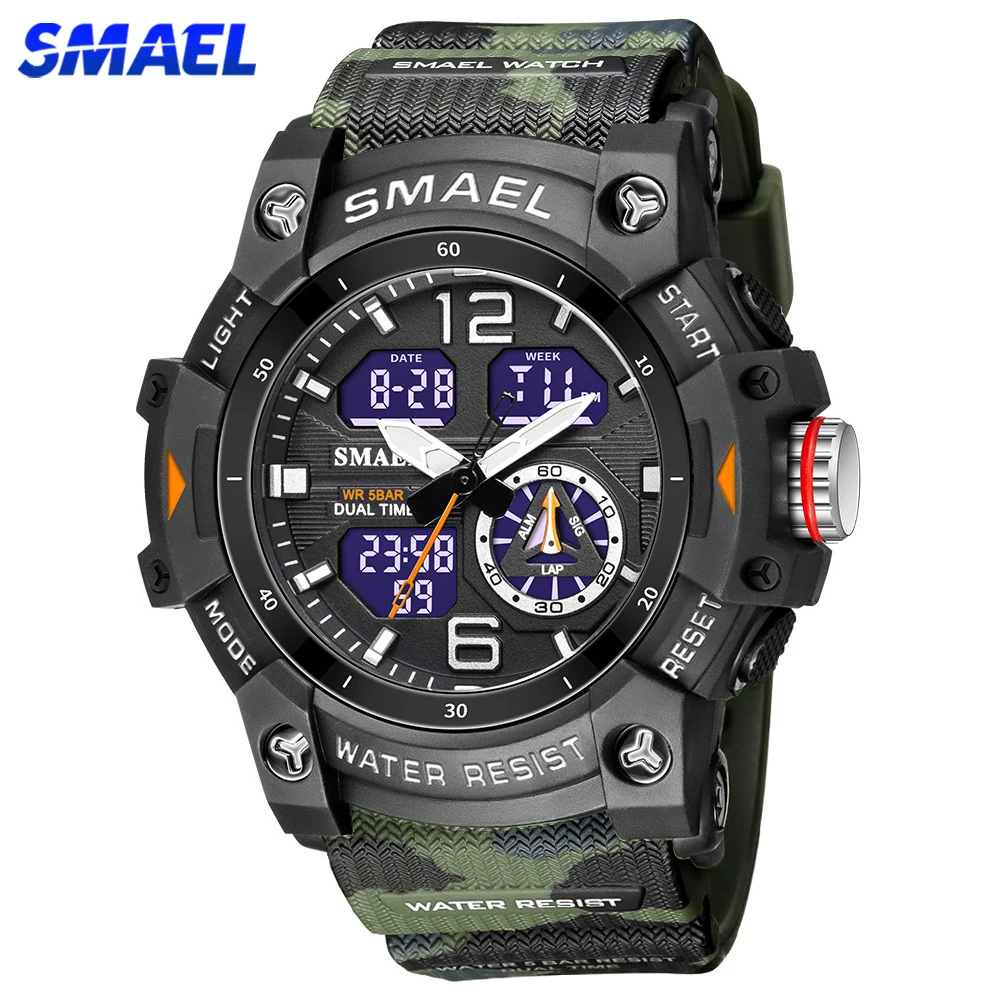 SMAEL Sports Watches Men Camo Watchband Digital Dual Quartz Wristwatches Digital LED Fashion Stopwatch Alarm Military Clock Male fashion camouflage pants men hip hop streetwear military uniform pant casual camo joggers slim fit multi pocket cargo sweatpants