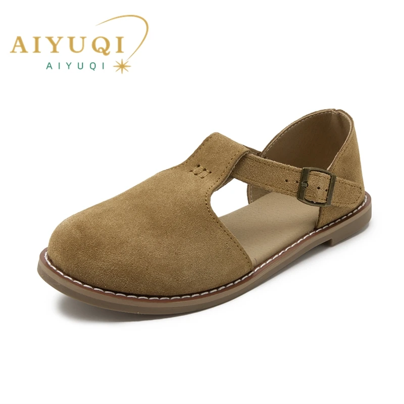 AIYUQI Retro Frosted Leather Women's Roman Sandals - Flat-Soled Hollow Design