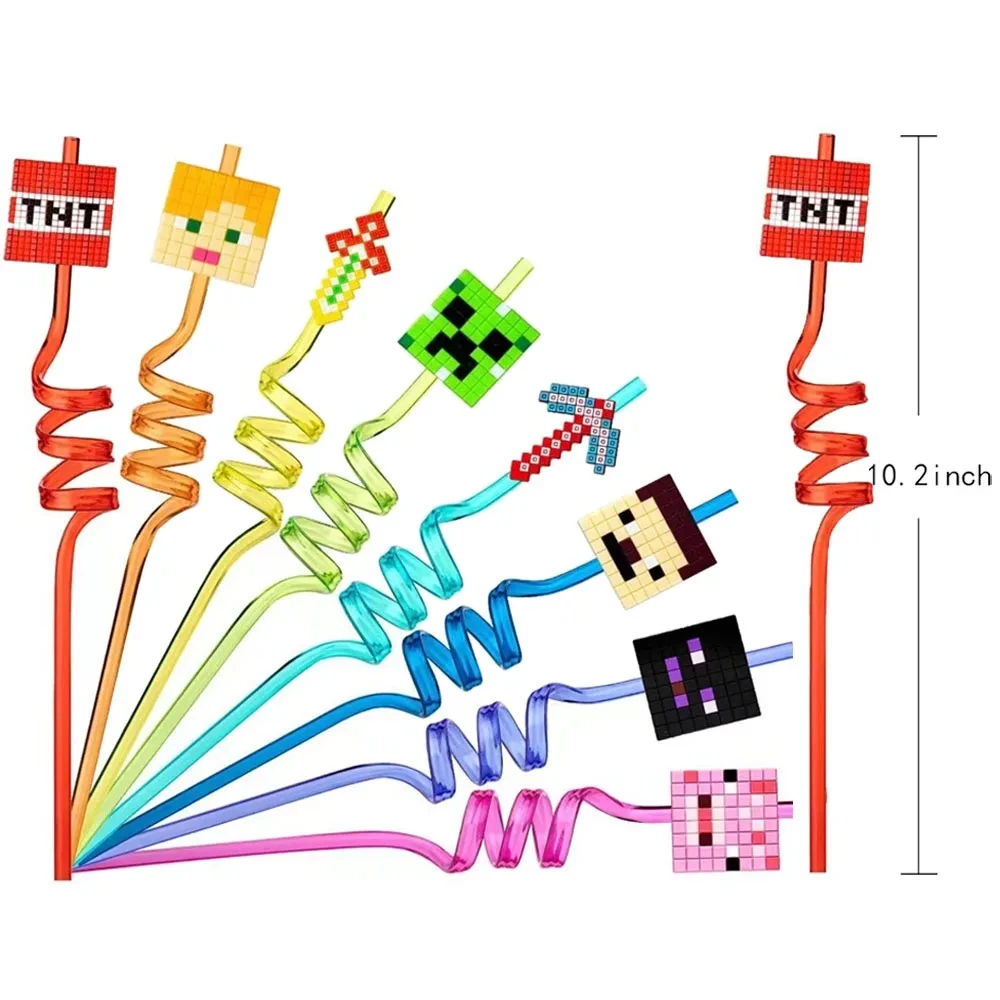 Disposable Straws 6/12pcs Pack My World Pixel 3D Straw Spiral Drinking Straws Children Kids Birthday Party Decorations Juice Straws Baby Shower