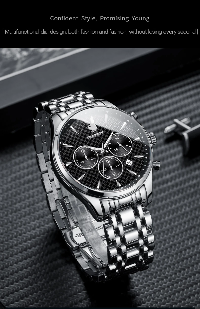 PLAYBOY 8881 Original Quarzuhren für Herren Stahlarmband Wasserdicht Leuchtend Chronograph Herrenuhren Mode Schlichte Männeruhr – Detail 12