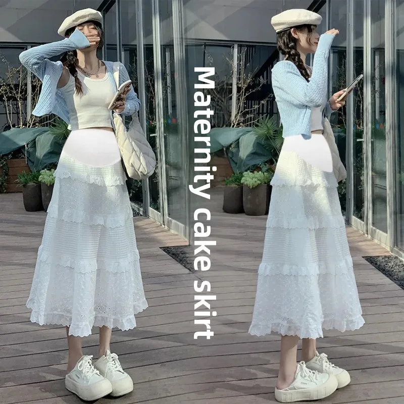 Quality Maternity Lace Embroidery Skirt Spring Summer A- Line Midi Skirt Belly Support Half-length Maternity