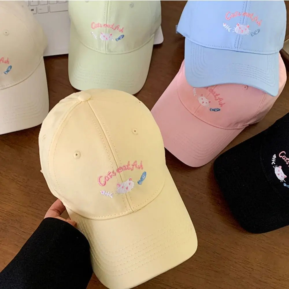 Apparel Accessories Embroidery Cat Cartoon Baseball Cap Casual Soft Sunshade Hat Japanese Style Cotton Peaked Cap Sports