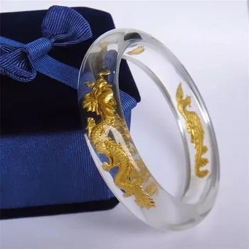 Hot Selling / Hand-carved Crystal Inlaid Gold Dragon and Phoenix Bangle60-62mm Fashion Jewelry Bracelet MenWomen LuckGifts 1