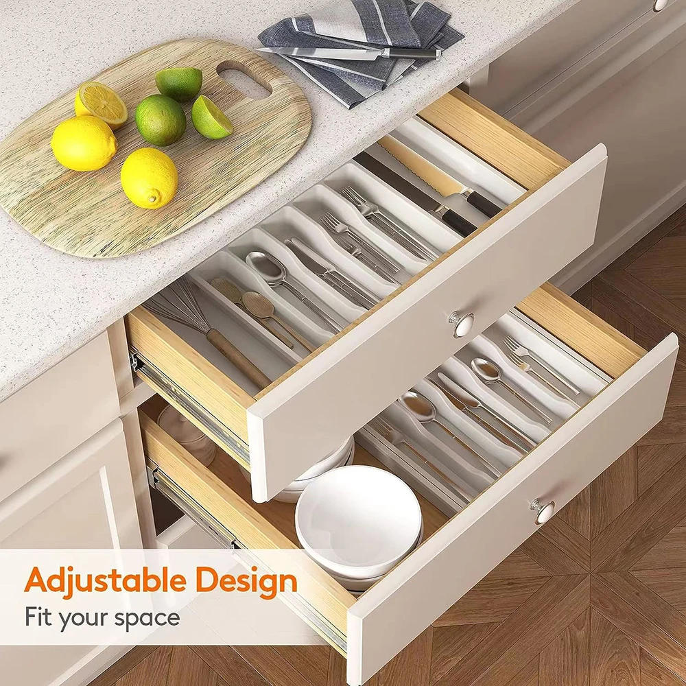 Flatware Organizer Adjustable Utensil Holder with Dividers Plastic Storage Tray for Spoons Forks Knives Drawer