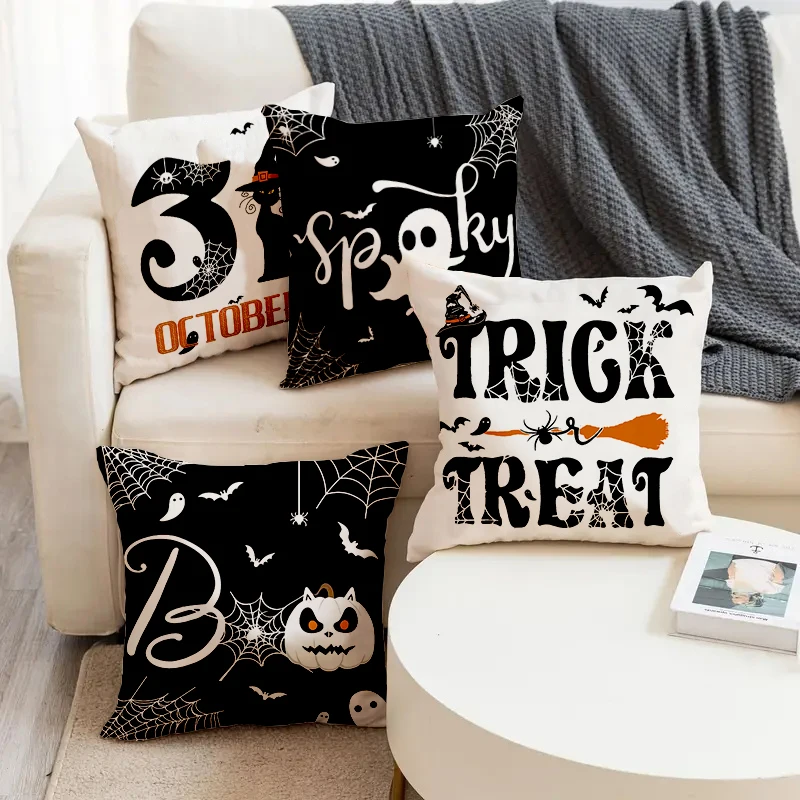 

Halloween Pumpkin Ghost Cat Pattern Printed Square Pillowslip Soft Linen Blend Cushion Cover Pillowcase Living Room Home Decor