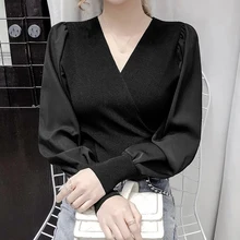 

Puff sleeve top women 2021 spring and autumn V-neck chiffon stitching long-sleeved knitted bottoming shirt plus size