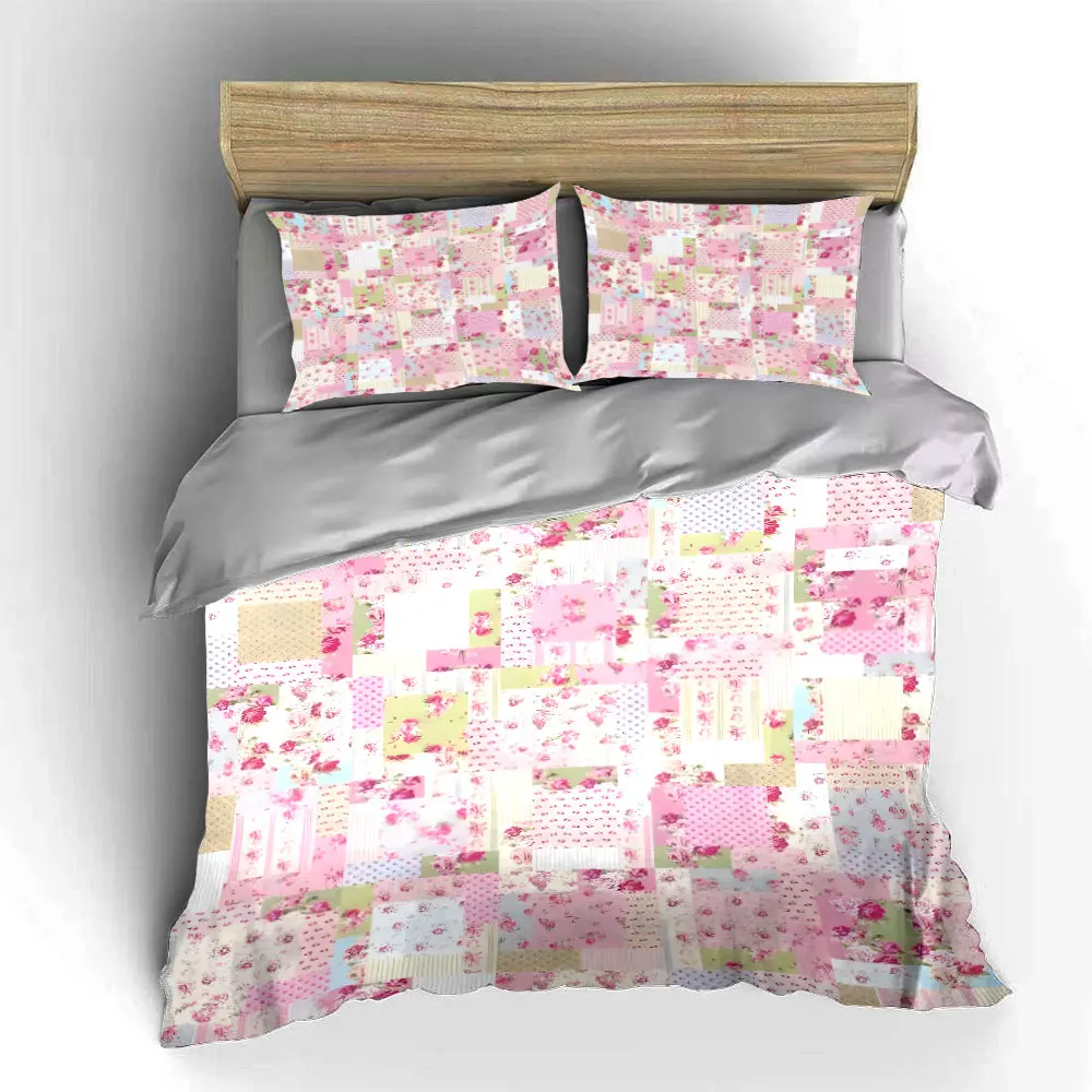 Chic Floral Patchwork Bedding Set 3PCS Vintage Pink Rose Print Duvet Cover with Pillowcases Cottage Style Bed Linen for Girls 5