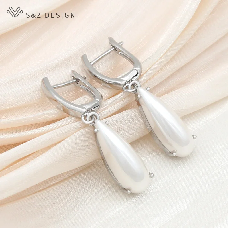 S&Z DESIGN New Fashion Elegant 585 Rose Gold Color Water Drop Simulated-pearl Dangle Earrings For Women Wedding Jewelry