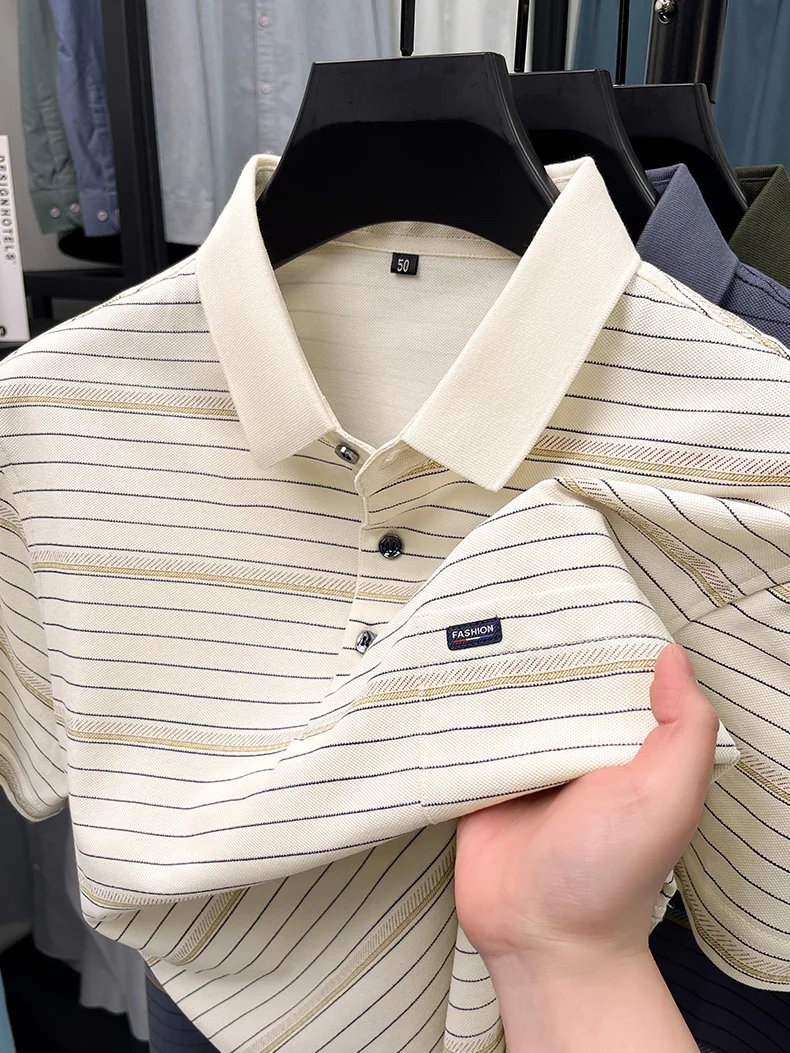 High quality stripe men short sleeve polo shirt light luxury pocket comfort breathable summer silky cotton casual lapel T-shirt 13 S0fef2e1623eb4f18aeb228cd3d57bd91p