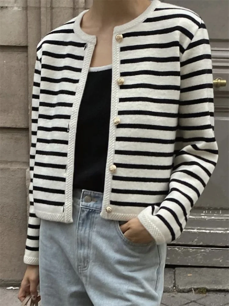 Suéter de punto a rayas, cárdigan, abrigo para mujer, suelto, de manga larga, a la moda, ajustado, con parches en contraste, prendas de vestir exteriores, abrigo de punto de verano