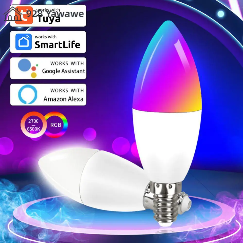 

E14 Candle Lamp Compatible Alexa Home Wifi Tuya Smart Light Bulb 5w 7w 9w Dimmable Led Bulb App Control Rgb