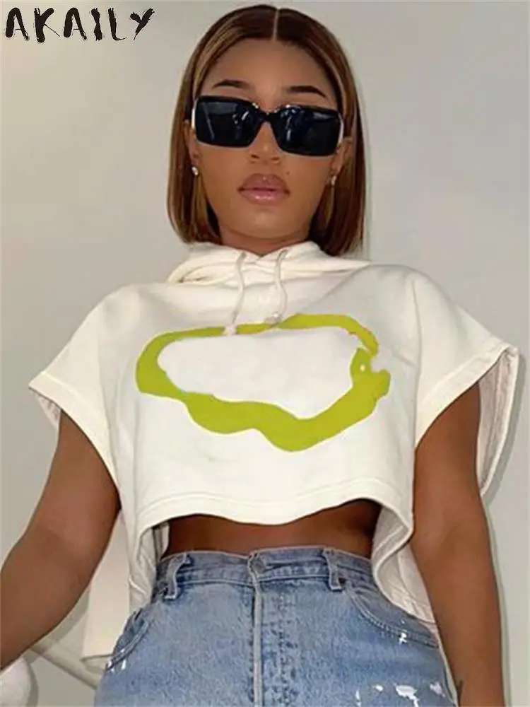 

Akaily Summer White Loose Graphic Printing T Shirts For Women 2023 Streetwear Bandage Hoodie Crop Tops Casual Party Stitch Tees