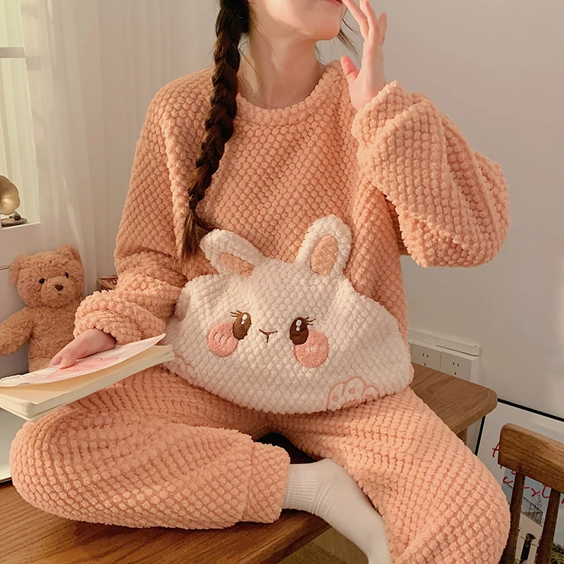 

Women Pijamas Sets Winter Thick Korean Girls Sleepwear Soft Warm Pyjama Pour Femme Cartoon Rabbit Lovely Pajamas Pijama Mujer