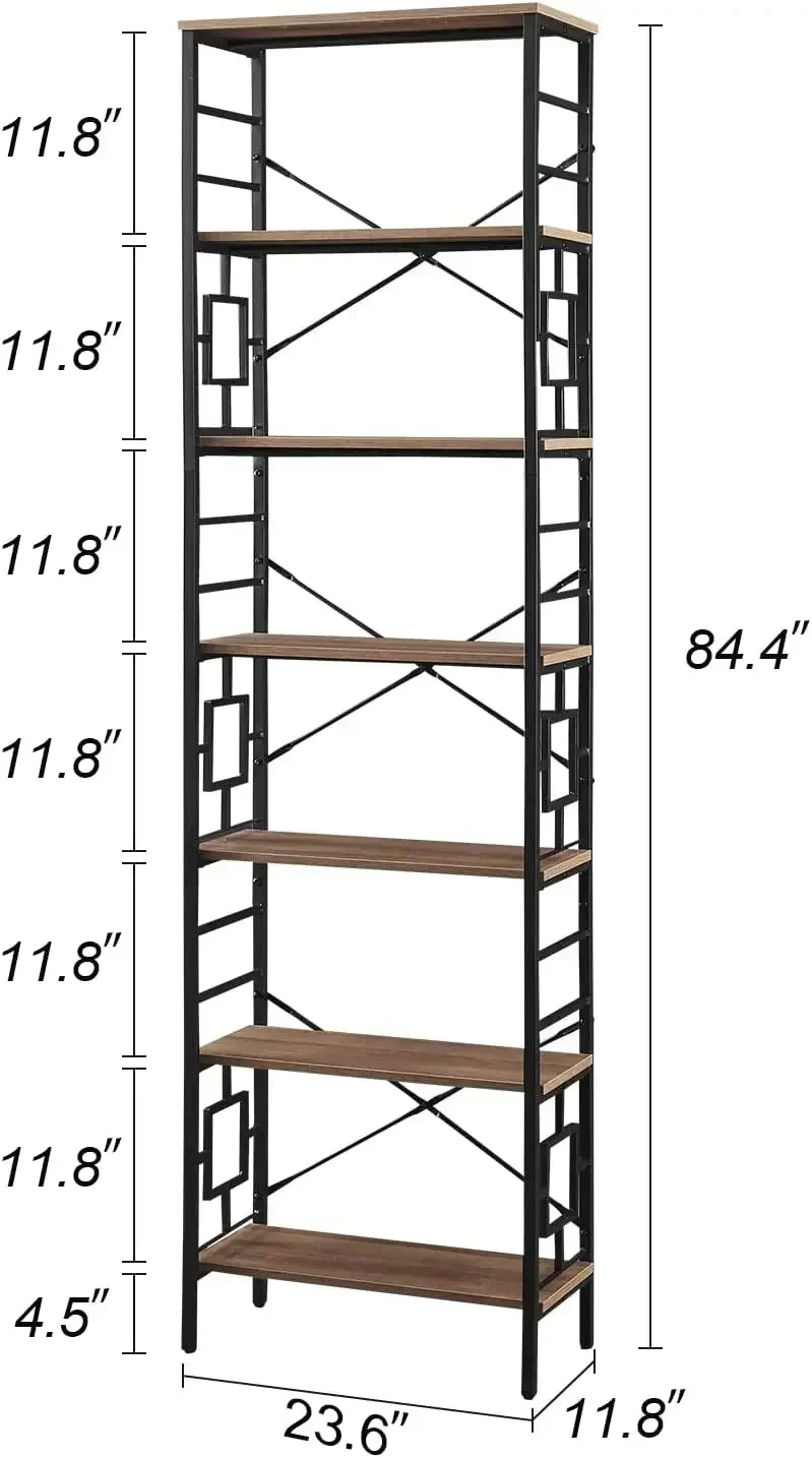 New2025-Tall Bookshelf, 84 Inch Industrial Bookshelf with Metal Frame and Open Shelves, 7 Tier Metal Bookshelves and Bookcases