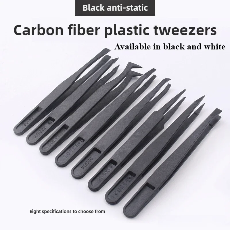 8pcs/set Portable Black Straight Bend Anti-static Plastic Tweezer Heat Resistant Repair Tool