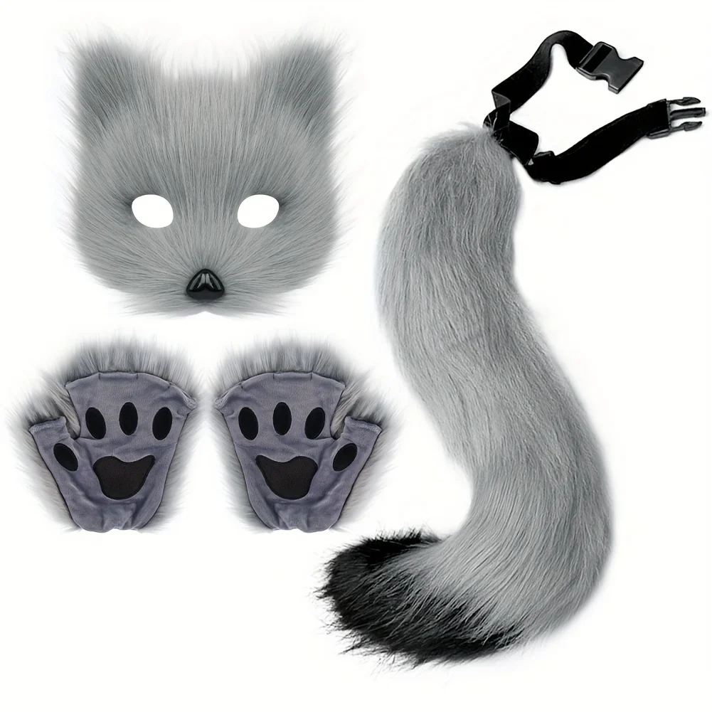 Fluffy Fur Fox Tail  Cat Paws Gloves Set - Wolf Mask Halloween Cosplay Accessories