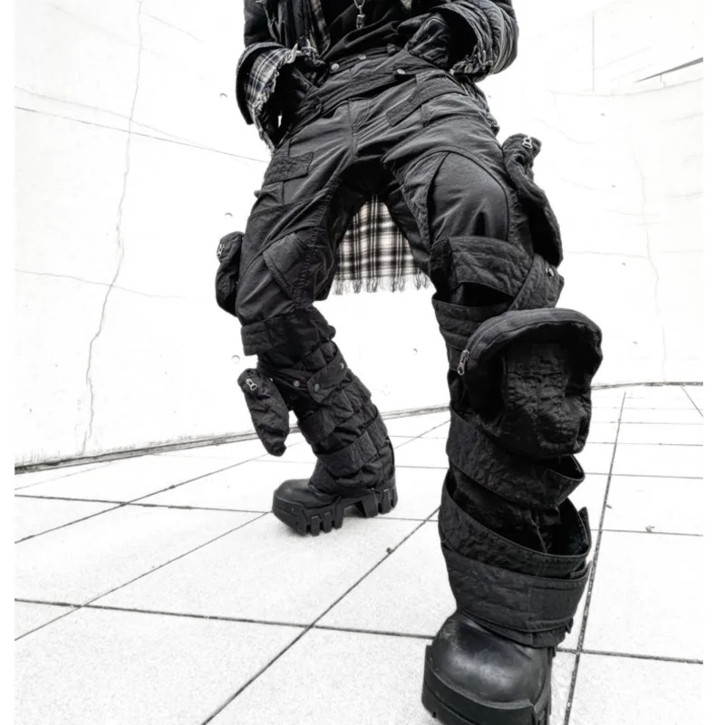 

Techwear Niche Design Lace-up Deconstruction Straight Wide Leg Overalls Men's Avant-Garde Dark Wear Wasteland Style Trousers