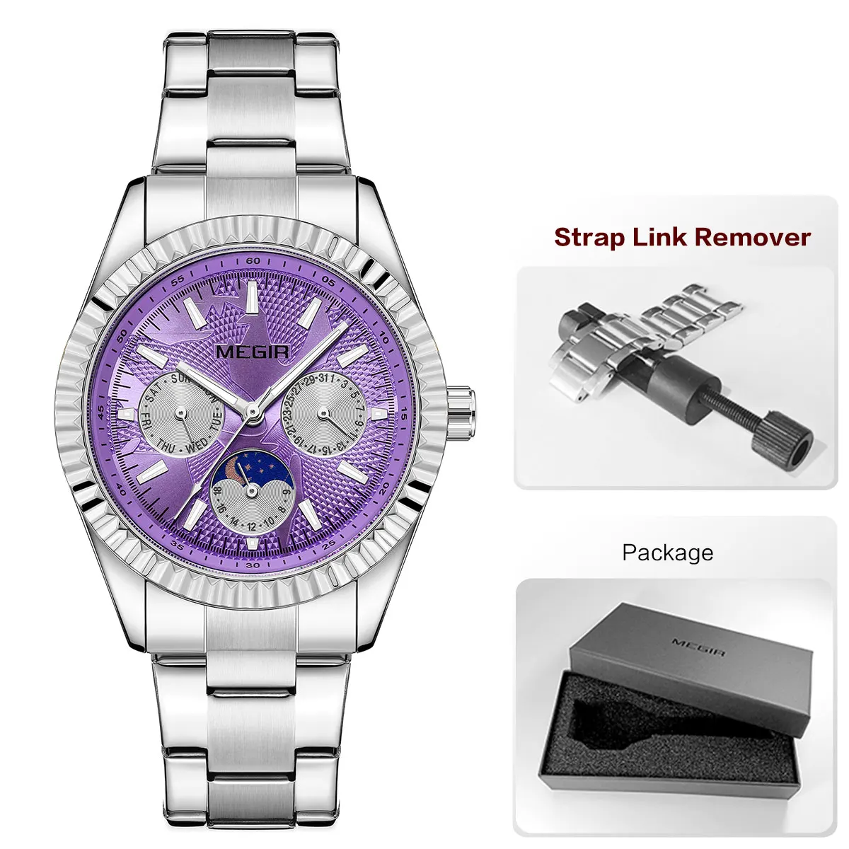 Elegant Men's Fashion Quartz Watch with Luminous Display, Day-Date, 24-Hour Moon Phase, and Stainless Steel Band