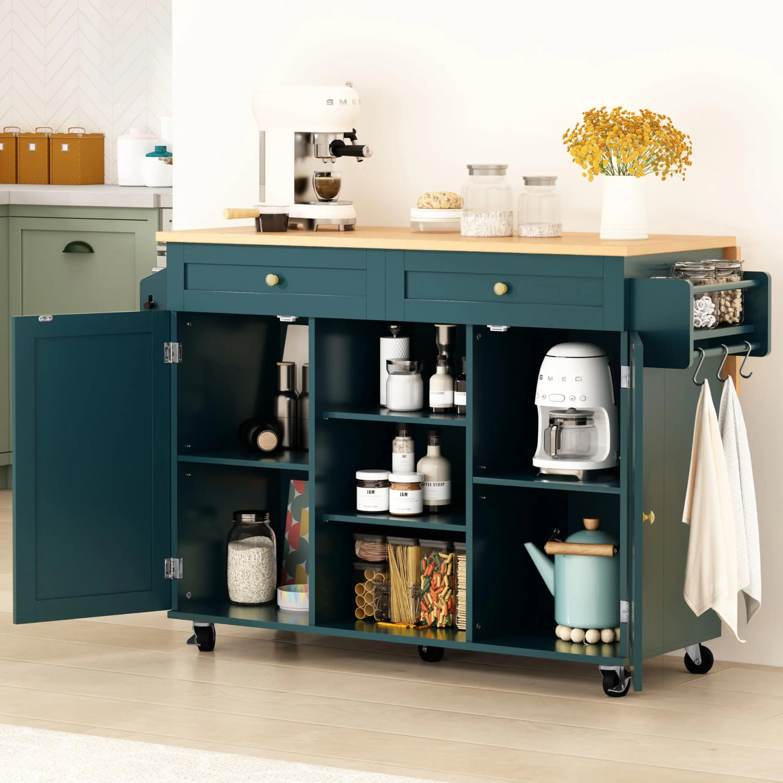 Rolling Kitchen Island Cart with Drop Leaf Countertop, Barn Door Kitchen Island Table with Storage Cabinet and Tower Rack