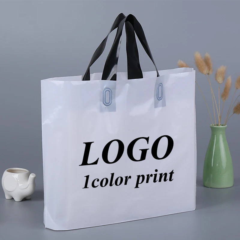 

100pcs Custom Logo White Plastic Shopping Bags With Handle Gift Bag Print One Color Logo