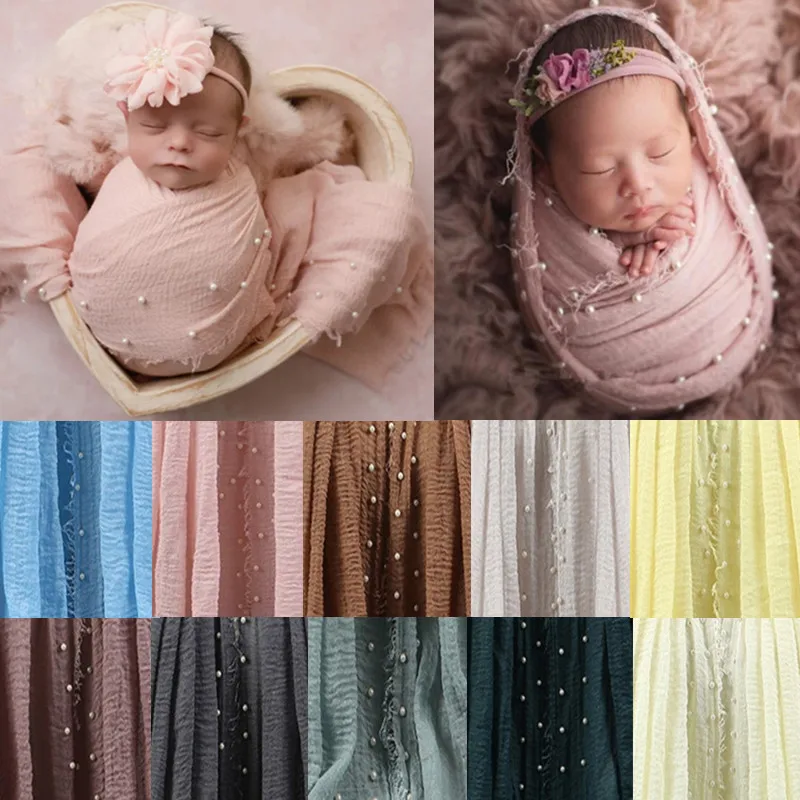

Cotton Linen Newborn Photography Props Blanket False Pearl Tassel Baby Studio Photo Shooting Swaddle Wrap Photo Backdrop Blanket