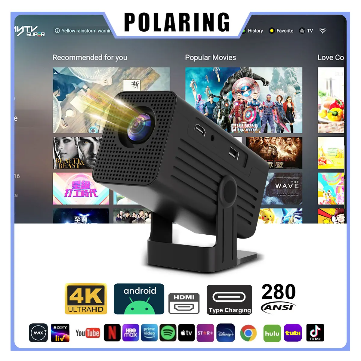 Polaring N6 Android Projector Wifi BT 250Ansi Cinema Home Keystone HDMI Proyector 1080P 4K projector