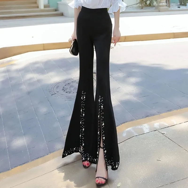 

Fashion Flared Pants Women Harajuku Casual Pantalones De Mujer Cintura Alta 2022 Spring Summer Beads High Waist Split Trousers