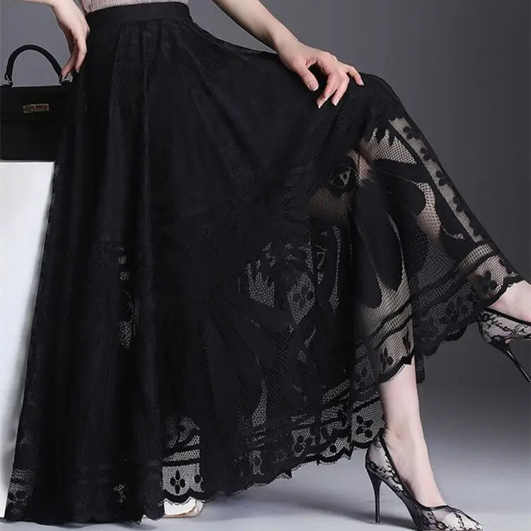 

2023 New Autumn and Winter Popular Fashion Lace Edge Long Half Length Versatile Skirt Slim A Line Mesh Sexy Pleated C25