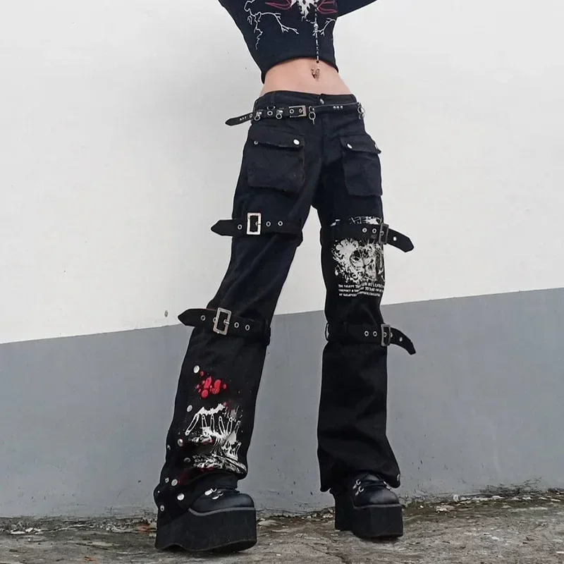Fashion Gothic Cargo Pants Pocket Split Straight Pants Women Printed Casual Denim Drape Pants High Waisted  y2k Clothes