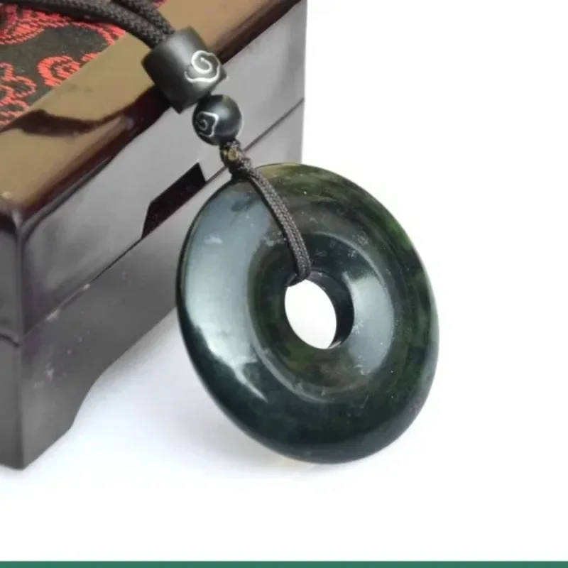Natural Black Green Jade Doughnut Pendant Necklace Hetian Stone Carved Chinese Jadeite Jewelry Charm Amulet Gifts for Women Men