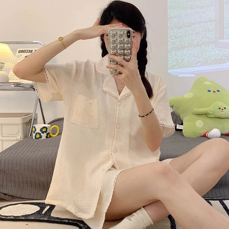 Sleepwear Women's Summer Double Layer Gauze Short Sleeved Shorts with Lace Edging for Home Wear Set That Can Be Worn Externally