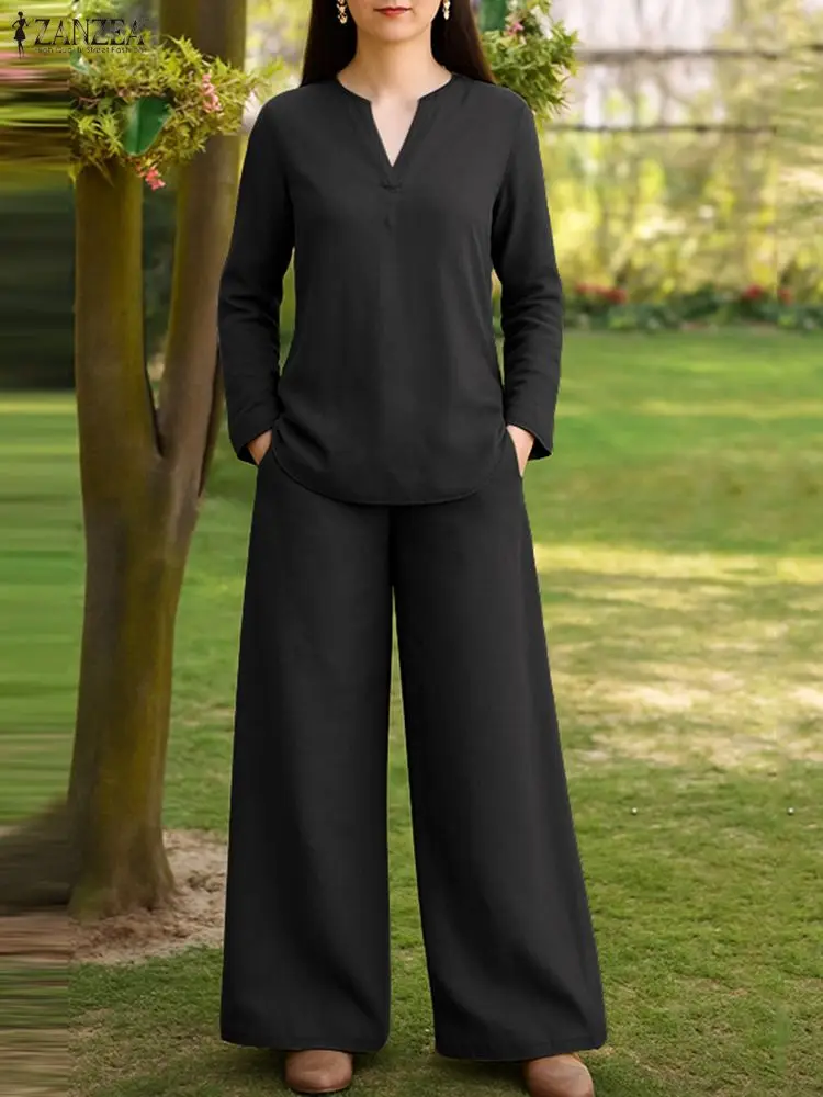 2025 موضة الخريف الزي النساء 2 قطعة مجموعات ZANZEA عادية الخامس الرقبة طويلة الأكمام بلايز بدل رجالي أنيقة الصلبة فضفاض العمل رياضية