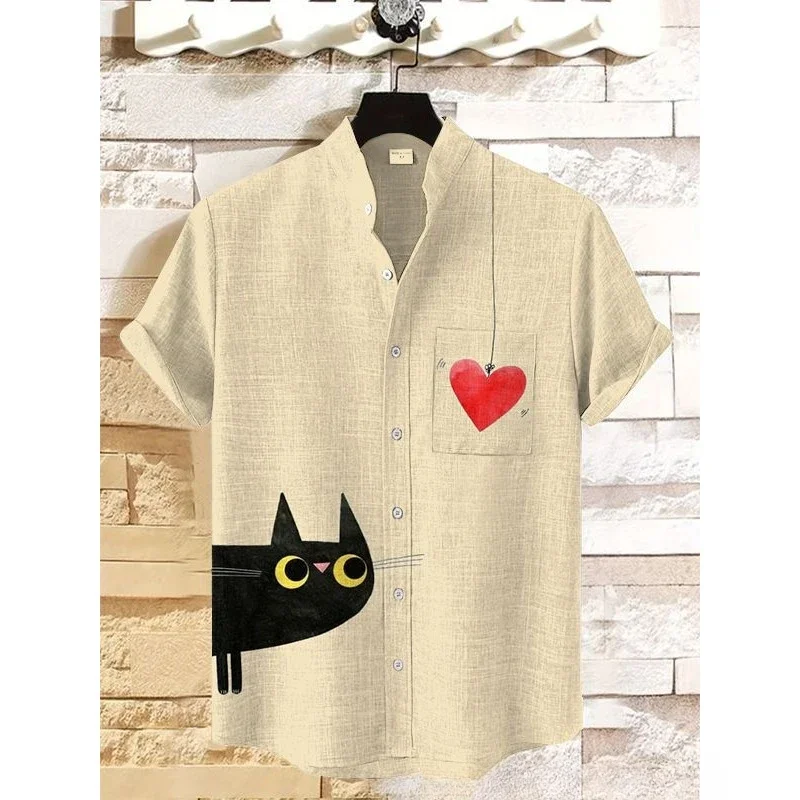 Men's Cat Lying on Pocket Art Print Shirt Summer Short Sleeve Hawaiian Shirts Harajuku Streetwear Button Down Casual Shirt Tops