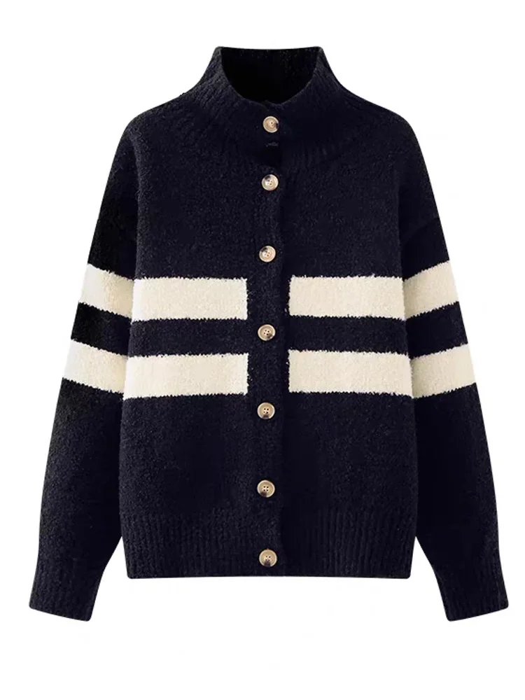Autumn and Winter Turn Down Collar Women's Long Sleeve Cardigan Sweater Fashion Casual Black and White Striped Knitwear Jacket