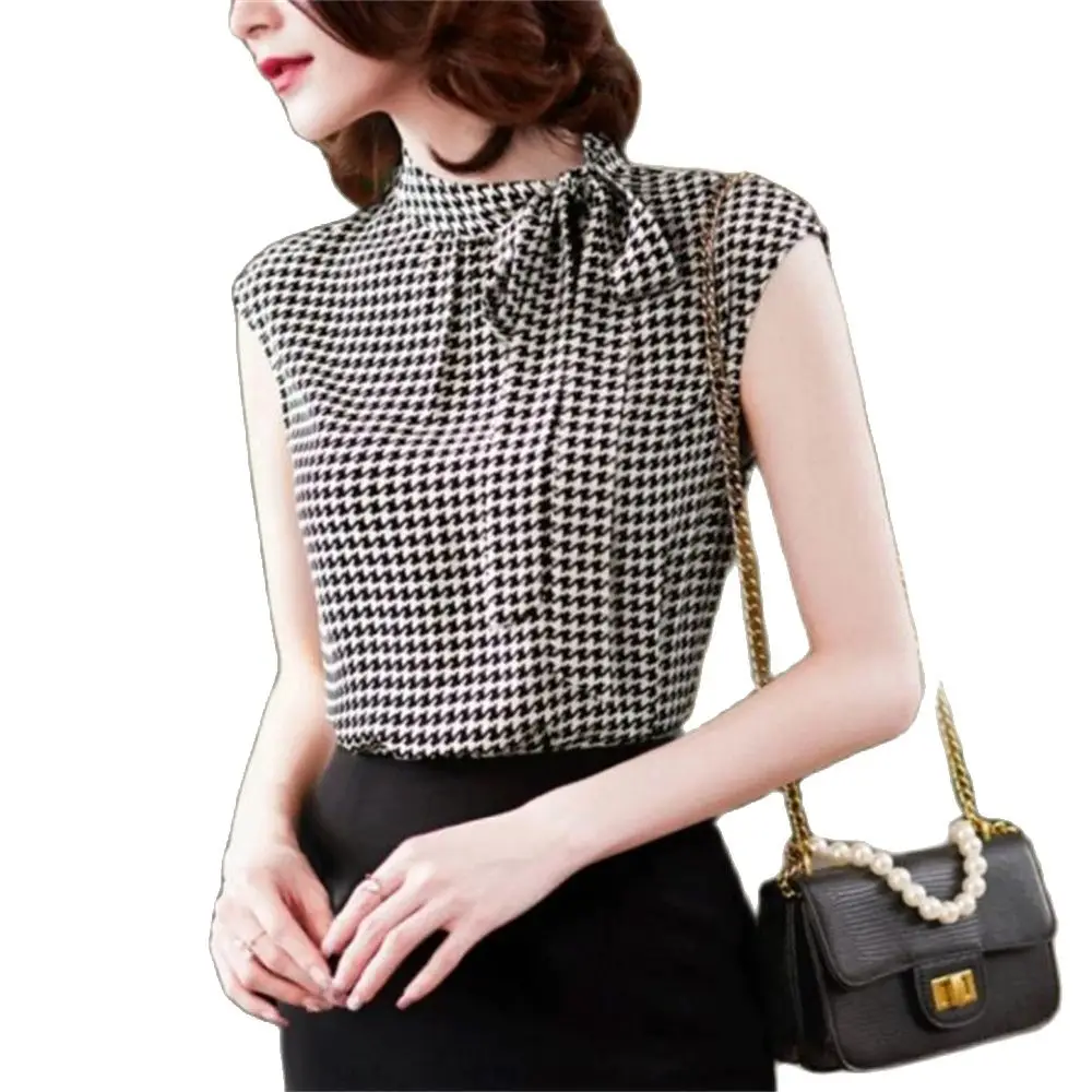 

Summer Korean Elegant Shirts Vintage Plaid Houndstooth Bow Lacing Chiffon Shirt Women Loose Casual Sleeveless Blouse Lady Top