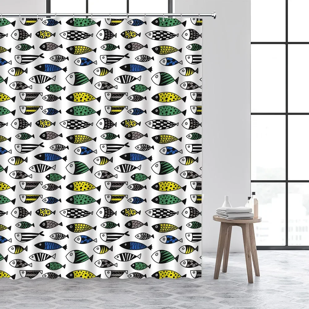 

Funny Cartoon Fish Shower Curtain Set Ocean Animal Modern Minimalist Children Bathroom Decor Polyester Cloth Curtains with Hooks