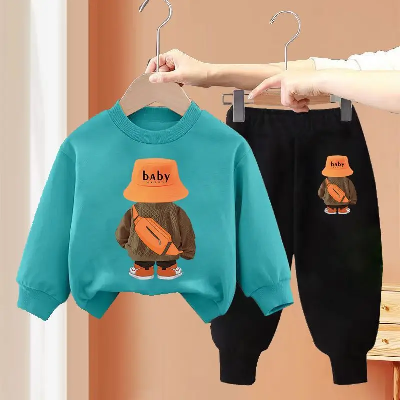 

Children's Suit Autumn New Children's Boys and Girls Casual Cartoon Printed Sports Plus Fleece Hoodie Children Two-piece Set