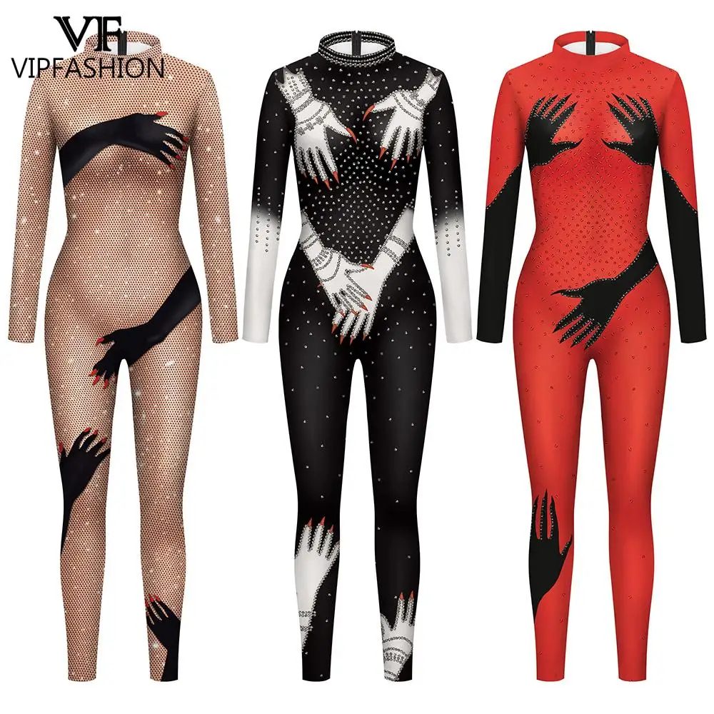 VIP FASHION Rhinestone Print Jumpsuit for Women Sexy Party Bodysuit Festival Party Catsuit Red Black Skin Color Lady Zentai Suit